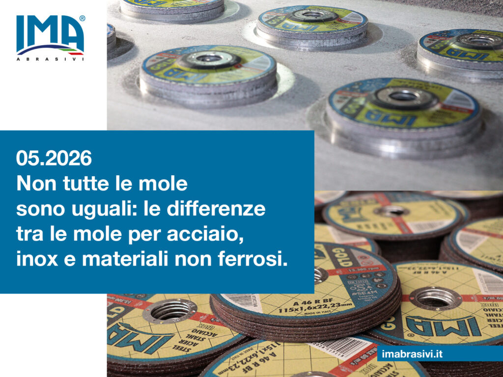 Immagine descrittiva per il BLOG di IMA Abrasivi. Sullo sfondo, sichi abrasivi in fase di produzione e nello step finale, pronti per il confezionamento. in primo piano il titolo dell'articolo del mese: 05.2026. Non tutte le mole sono uguali: le differenze tra le mole per acciaio, inox e materiali non ferrosi.